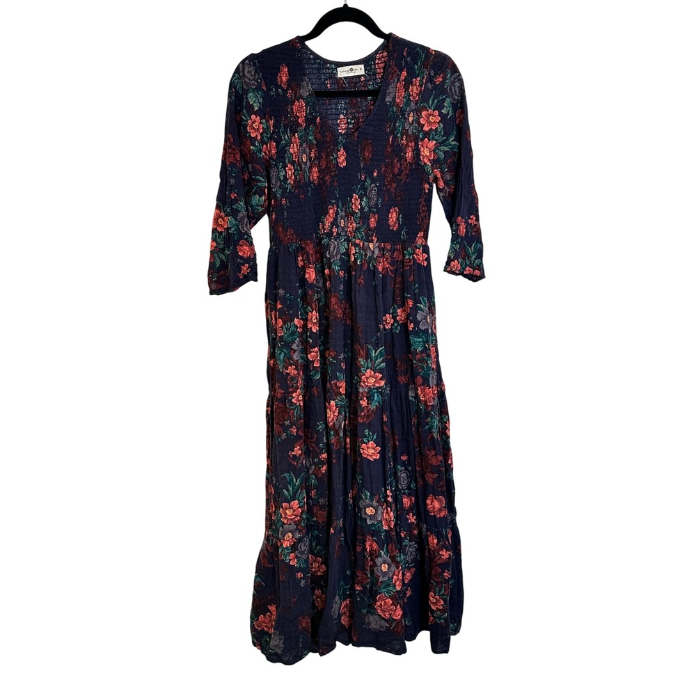 Natural Life Midi Dress Size M Purple Floral Smocked Tiered Skirt 3/4 Sleeve